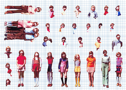 Klassenfotos Klasse 5c (ausgeschnittenene Personen eines Gruppenbildes neu angeordnet auf Rasterpapier)